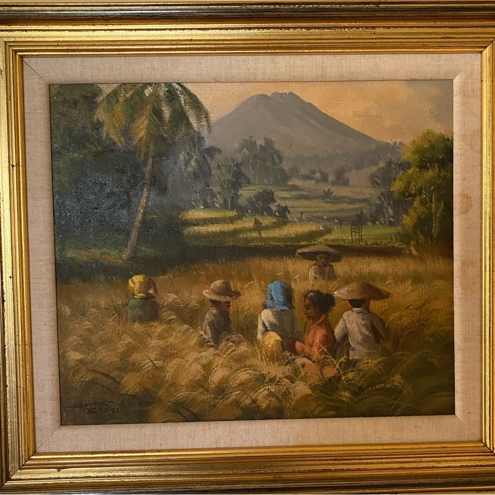 Signed Bali Oil Painting Rice Harvest Landscape 1998 Framed 15x17 Tropical Art